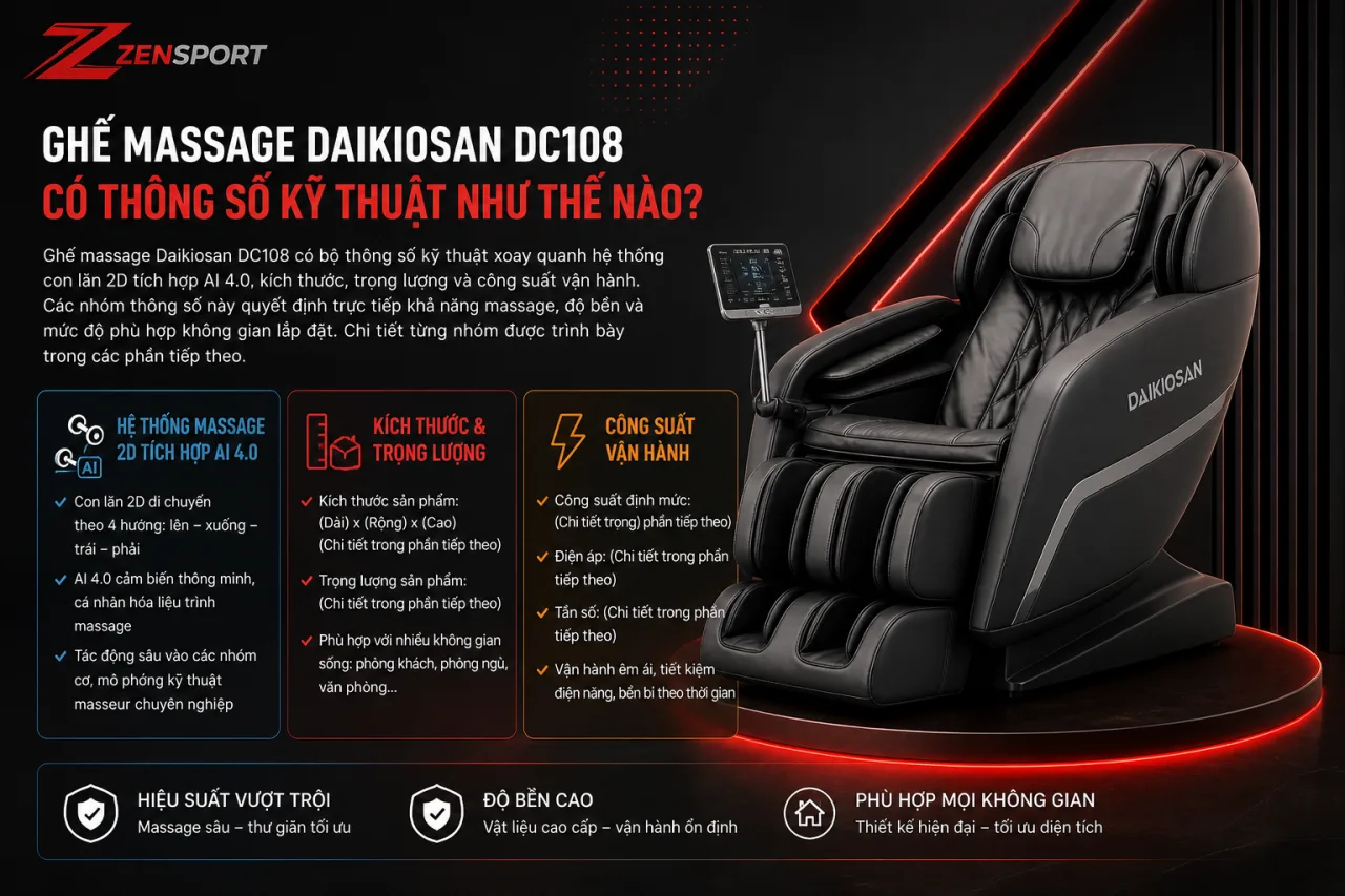 Ghế massage Daikiosan DC108 có thông số kỹ thuật Ghế massage Daikiosan DC108 có thông số kỹ thuật