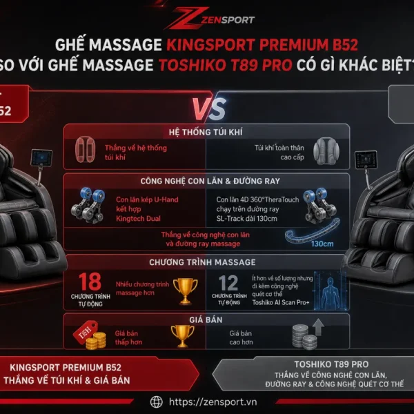 Ghế massage Kingsport Premium B52 so với ghế massage Toshiko T89 Pro có gì khác biệt