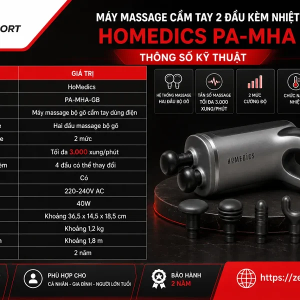 Máy massage cầm tay 2 đầu kèm nhiệt Homedics PA-MHA có thông số kỹ thuật