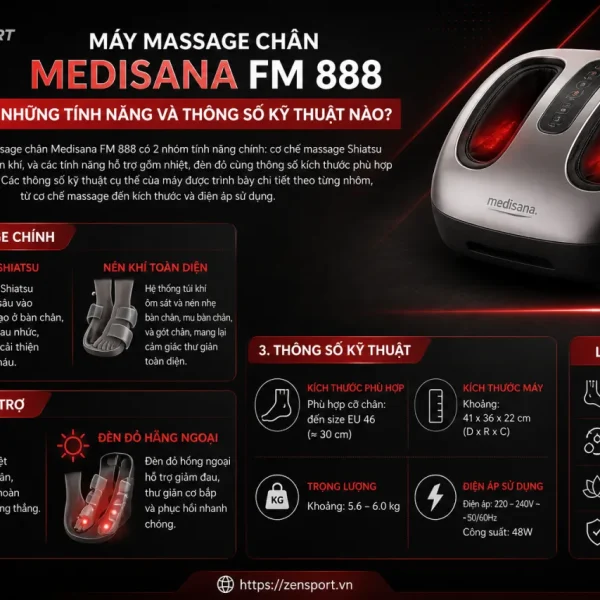 Máy massage chân Medisana FM 888 có những tính năng và thông số kỹ thuật nào