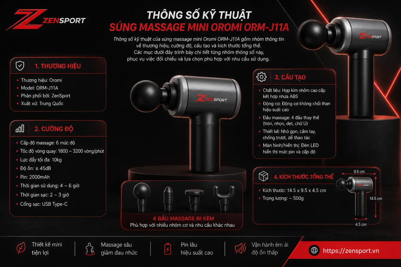 Thông số kỹ thuật của súng massage mini Oromi ORM-J11A gồm những gì Thông số kỹ thuật của súng massage mini Oromi ORM-J11A gồm những gì
