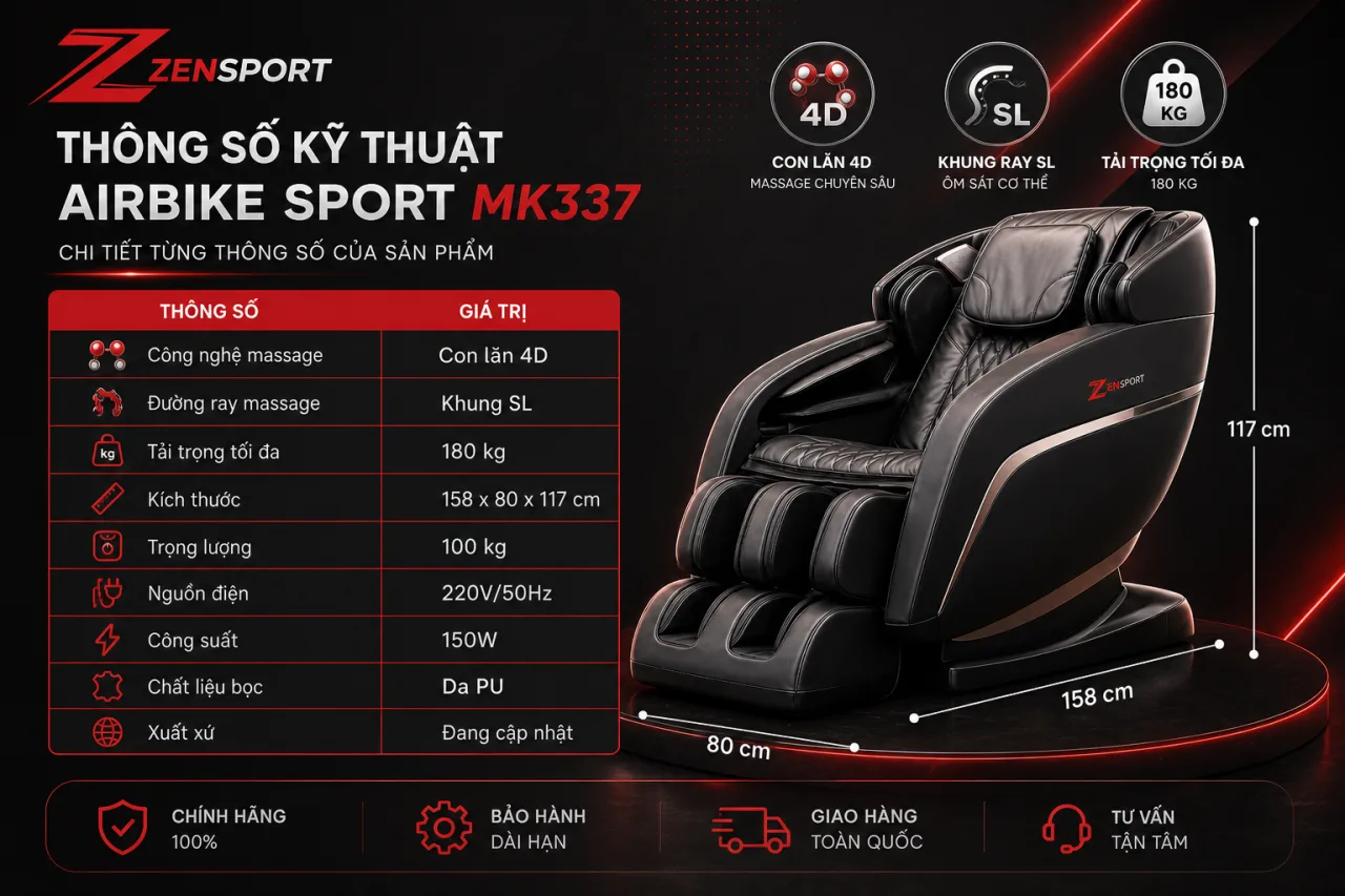 Thông số kỹ thuật Ghế massage cao cấp Airbike Sport MK337 gồm những gì Thông số kỹ thuật Ghế massage cao cấp Airbike Sport MK337 gồm những gì