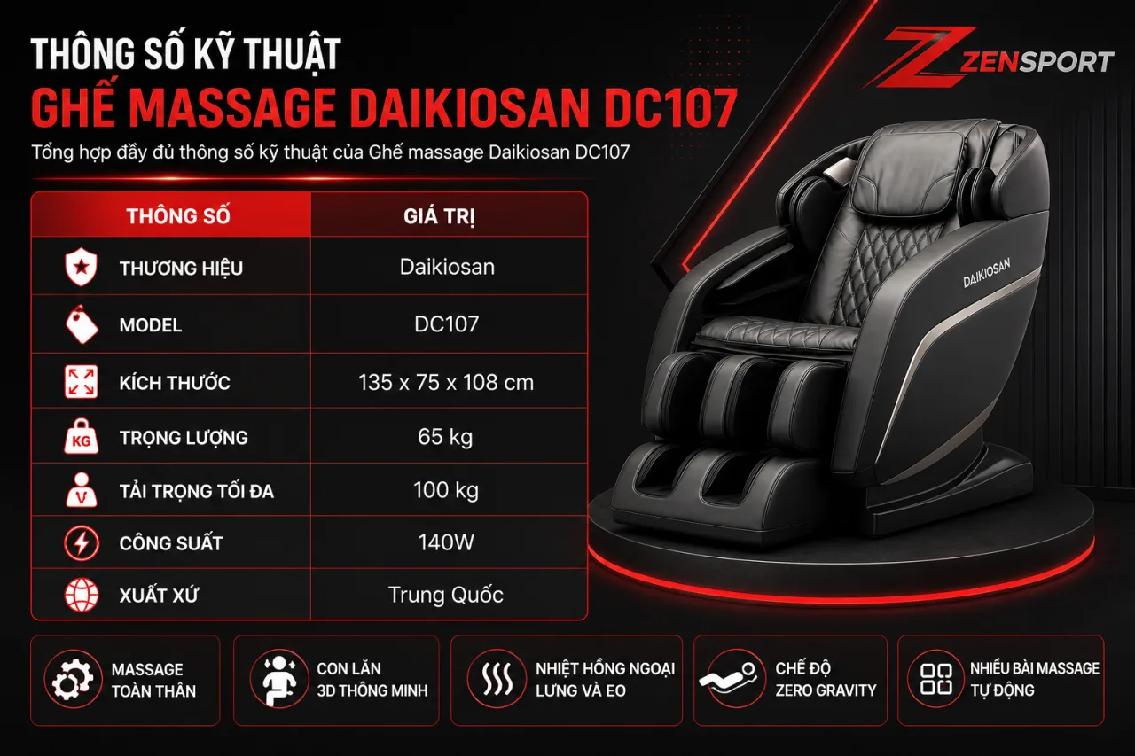 Thông số kỹ thuật Ghế massage Daikiosan DC107 gồm những gì Thông số kỹ thuật Ghế massage Daikiosan DC107 gồm những gì