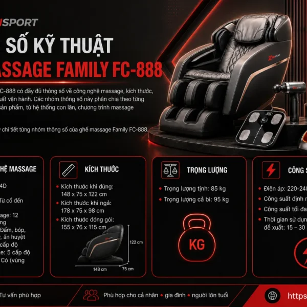 Thông số kỹ thuật ghế massage Family FC-888 gồm những gì