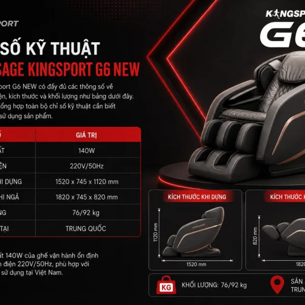 Thông số kỹ thuật ghế massage Kingsport G6 NEW gồm những gì