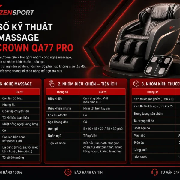 Thông Số Kỹ Thuật Ghế Massage Queen Crown QA77 Pro Gồm Những Gì