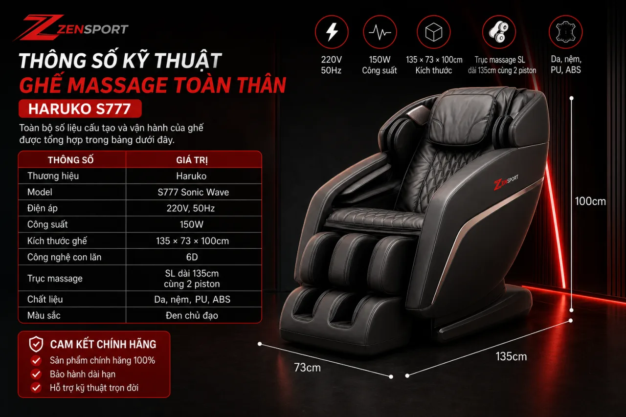 Thông số kỹ thuật Ghế massage toàn thân Haruko S777 gồm những gì Thông số kỹ thuật Ghế massage toàn thân Haruko S777 gồm những gì