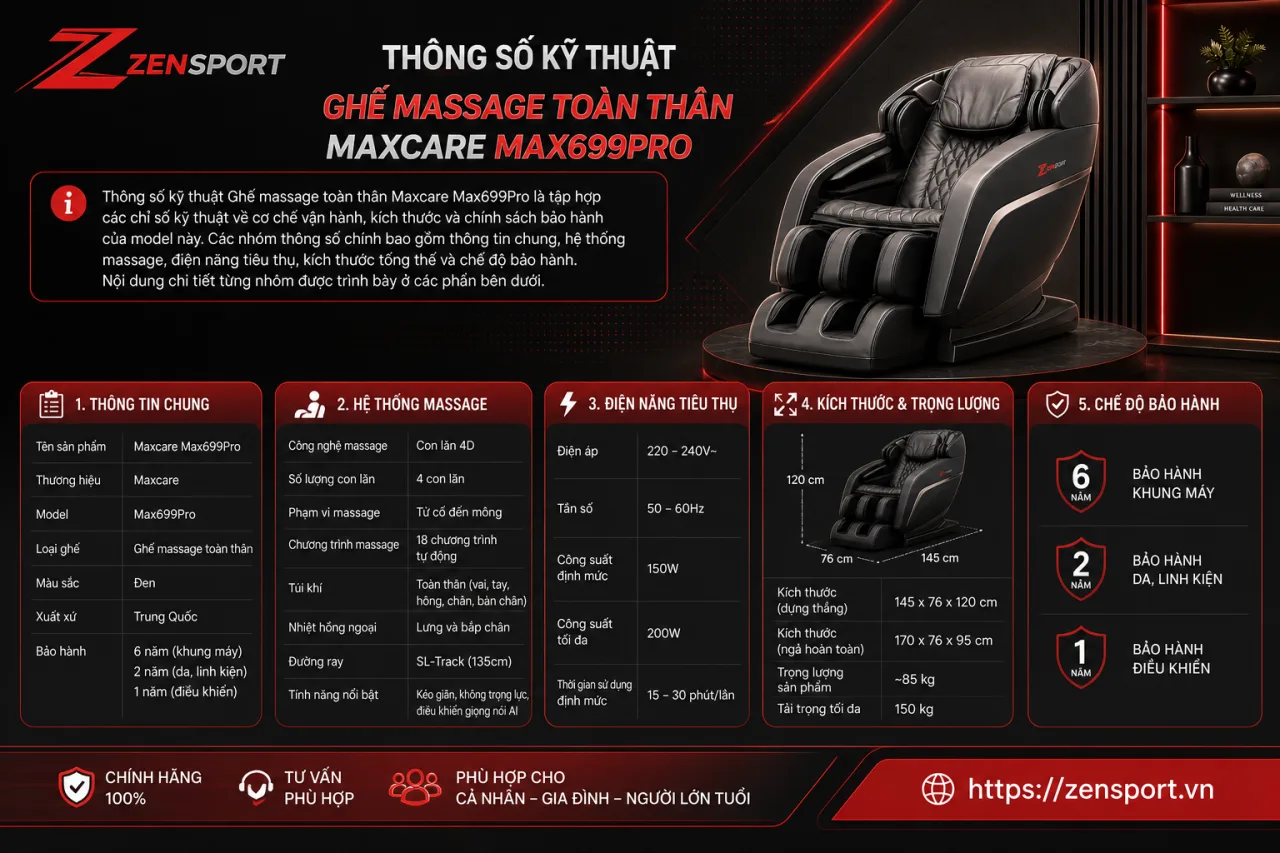 Thông số kỹ thuật Ghế massage toàn thân Maxcare Max699Pro Thông số kỹ thuật Ghế massage toàn thân Maxcare Max699Pro