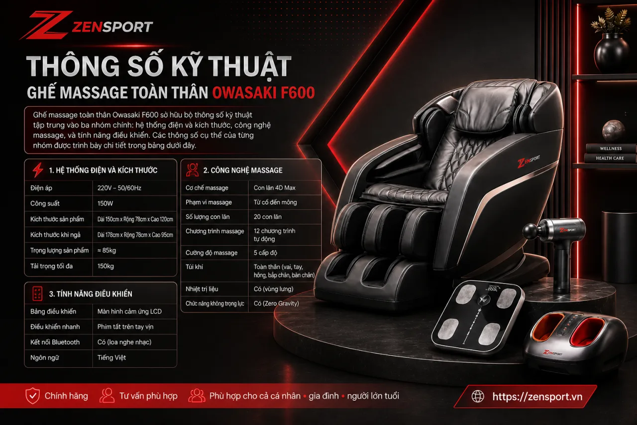 Thông số kỹ thuật Ghế massage toàn thân Owasaki F600 Thông số kỹ thuật Ghế massage toàn thân Owasaki F600