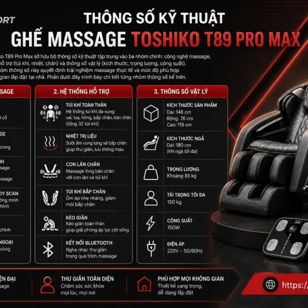 Thông số kỹ thuật Ghế massage Toshiko T89 Pro Max gồm những gì