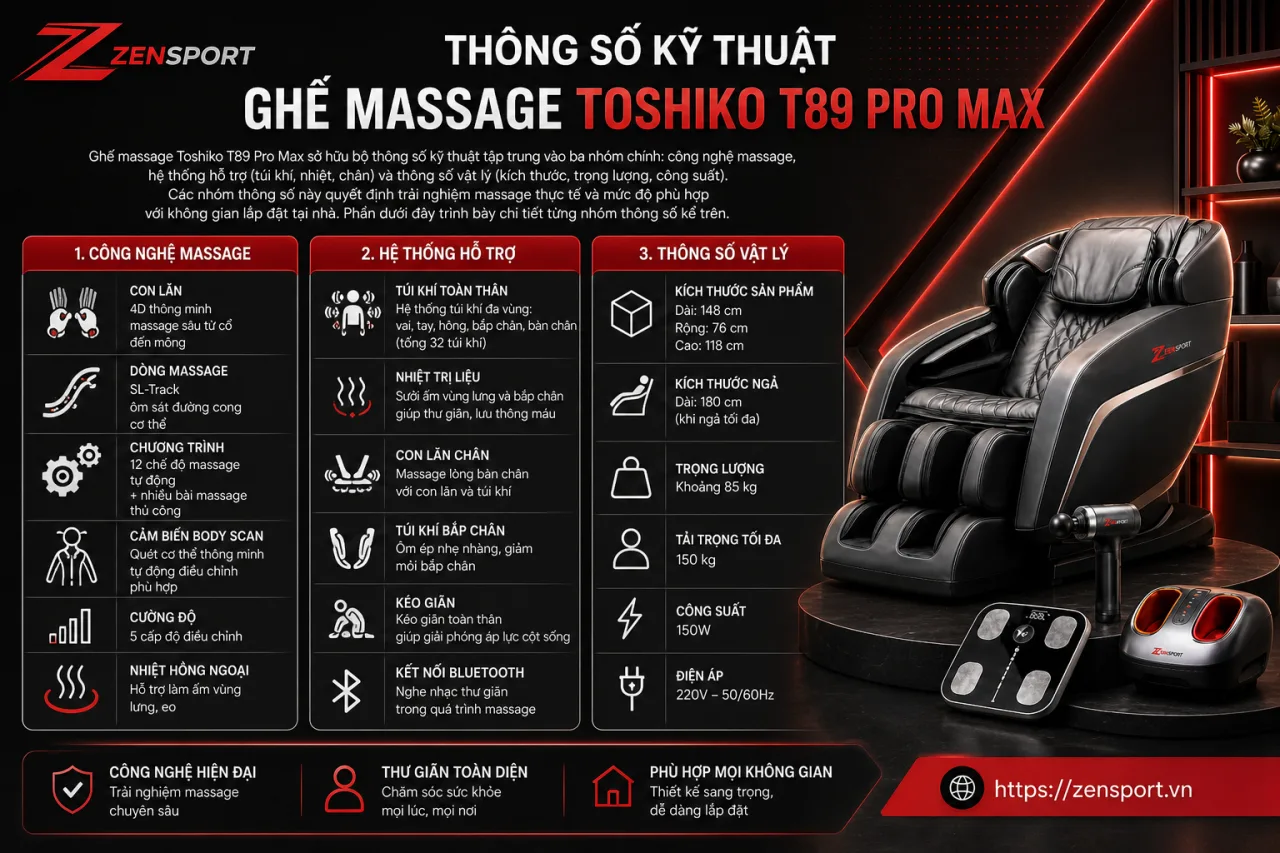 Thông số kỹ thuật Ghế massage Toshiko T89 Pro Max gồm những gì Thông số kỹ thuật Ghế massage Toshiko T89 Pro Max gồm những gì
