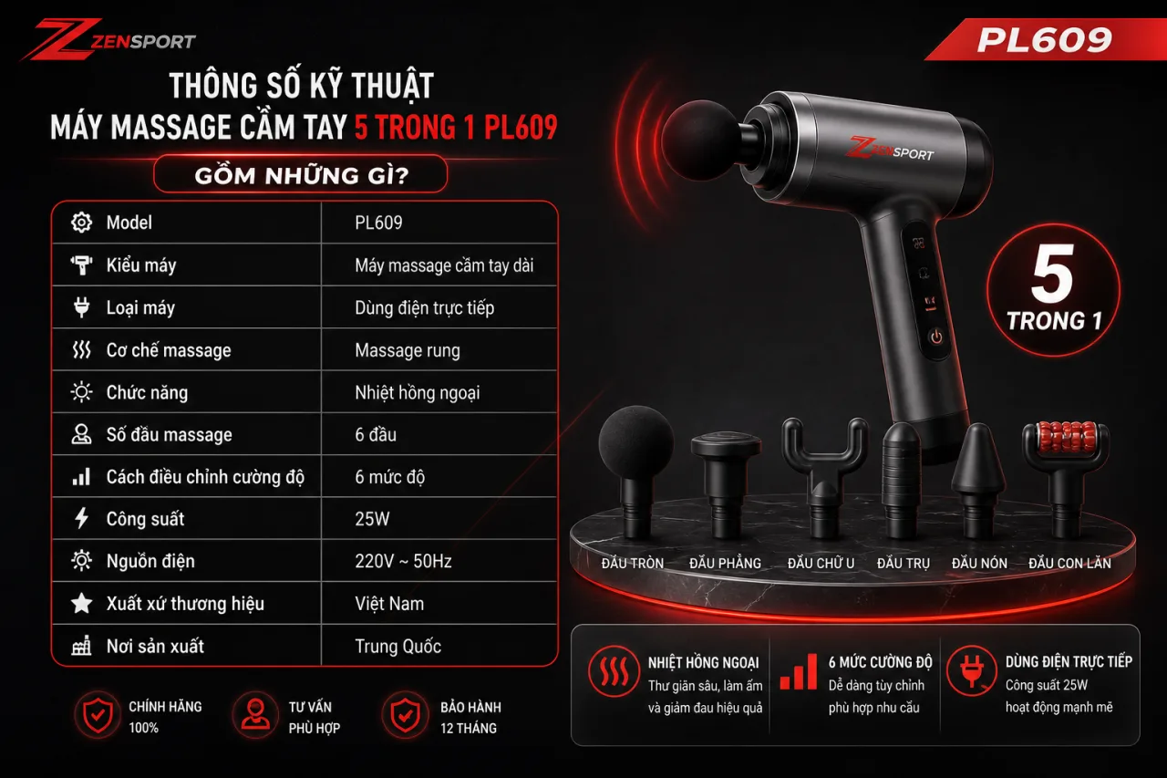 Thông số kỹ thuật Máy massage cầm tay 5 trong 1 PL609 gồm những gì Thông số kỹ thuật Máy massage cầm tay 5 trong 1 PL609 gồm những gì
