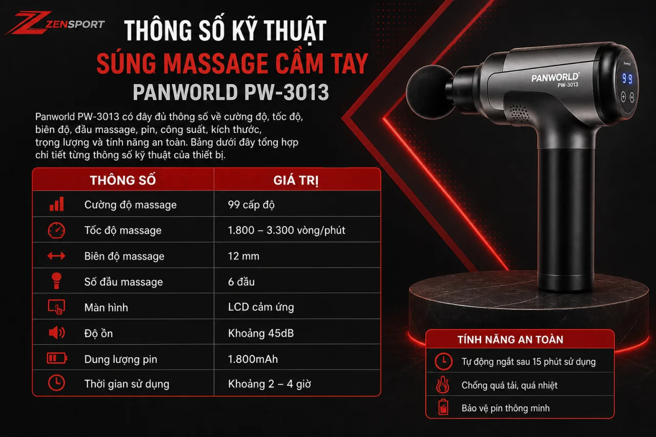 Thông số kỹ thuật Súng massage cầm tay Panworld PW-3013 gồm những gì Thông số kỹ thuật Súng massage cầm tay Panworld PW-3013 gồm những gì