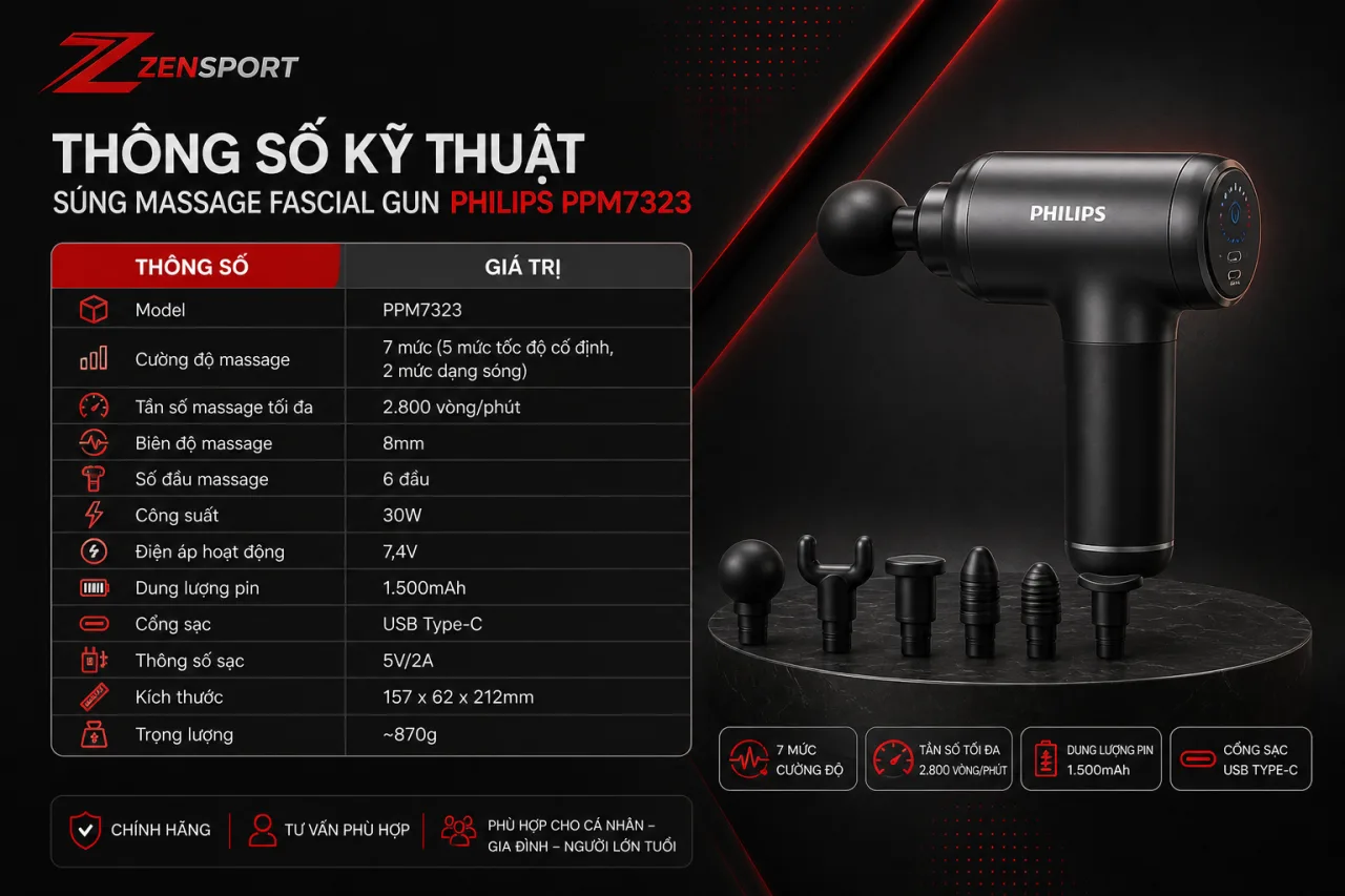 Thông số kỹ thuật Súng massage Fascial Gun Philips PPM7323 Thông số kỹ thuật Súng massage Fascial Gun Philips PPM7323