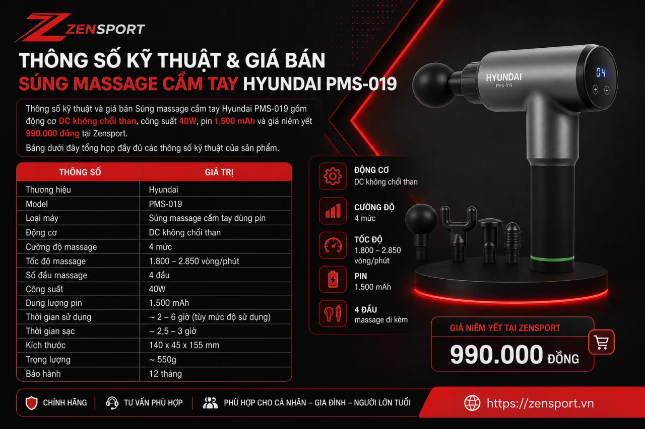 Thông số kỹ thuật và giá bán Súng massage cầm tay Hyundai PMS-019 Thông số kỹ thuật và giá bán Súng massage cầm tay Hyundai PMS-019