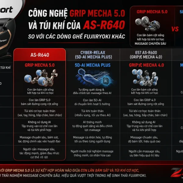 Công Nghệ GRIP Mecha 5.0 Và Túi Khí Của AS-R640 So Với Các Dòng Ghế Fujiiryoki Khác Khác Nhau