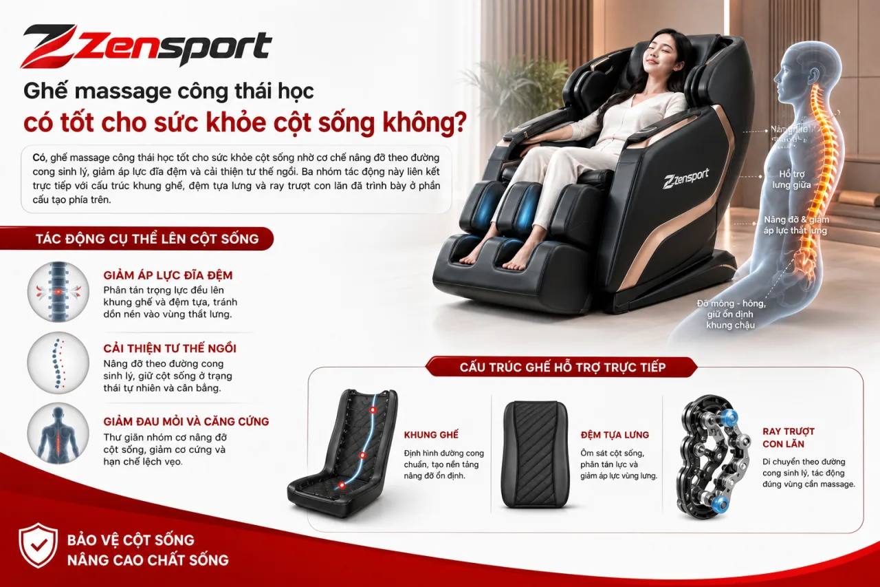 Ghế massage công thái học có tốt cho sức khỏe cột sống Ghế massage công thái học hỗ trợ vùng lưng và tư thế