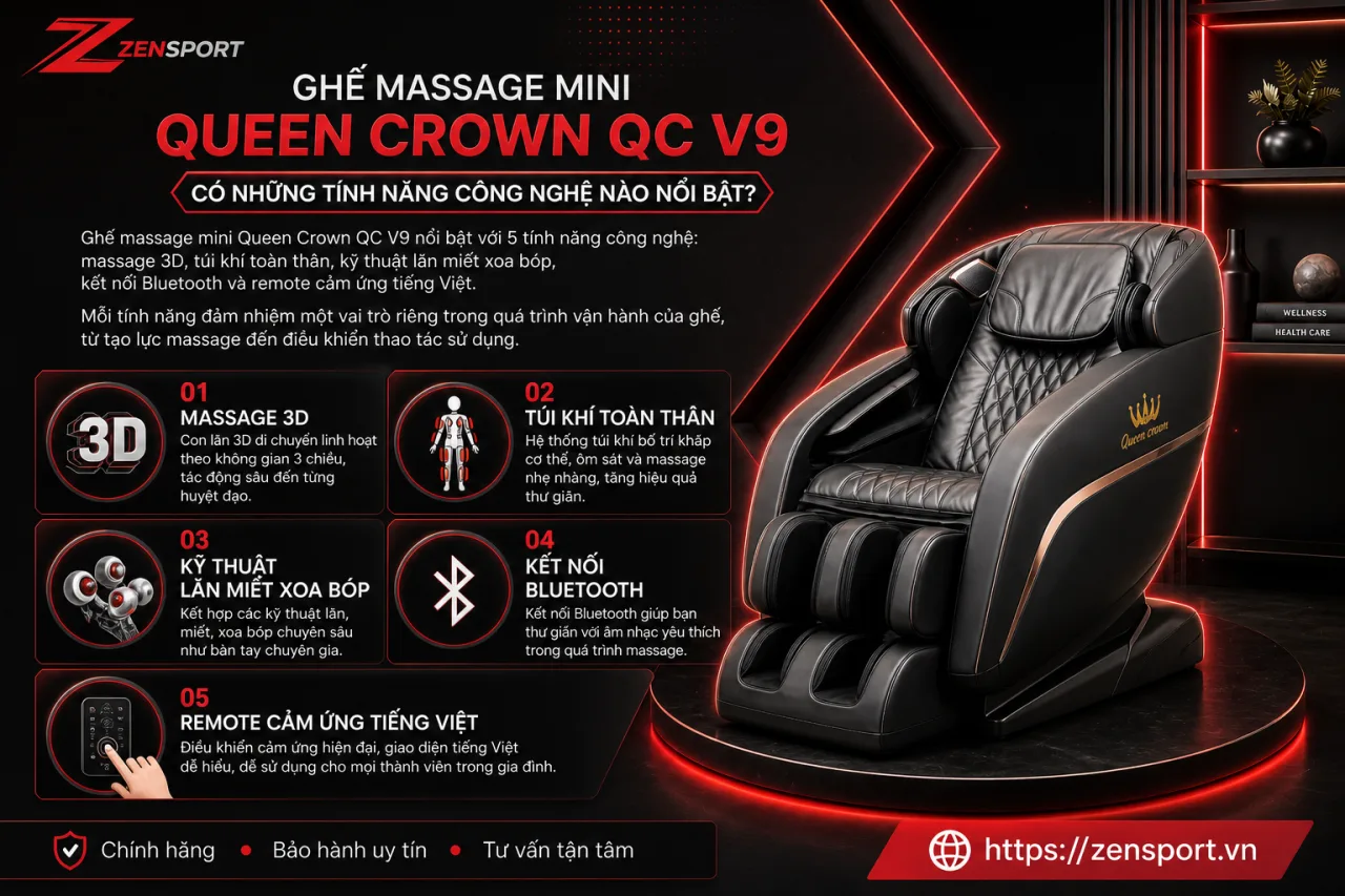 Ghế massage mini Queen Crown QC V9 có những tính năng công nghệ nào nổi bật Ghế massage mini Queen Crown QC V9 có những tính năng công nghệ nào nổi bật