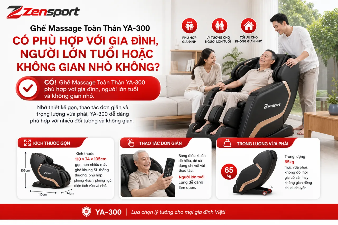 Ghế Massage Toàn Thân YA-300 có phù hợp với gia đình, người lớn tuổi hoặc không gian nhỏ Ghế Massage Toàn Thân YA-300 có phù hợp với gia đình, người lớn tuổi hoặc không gian nhỏ