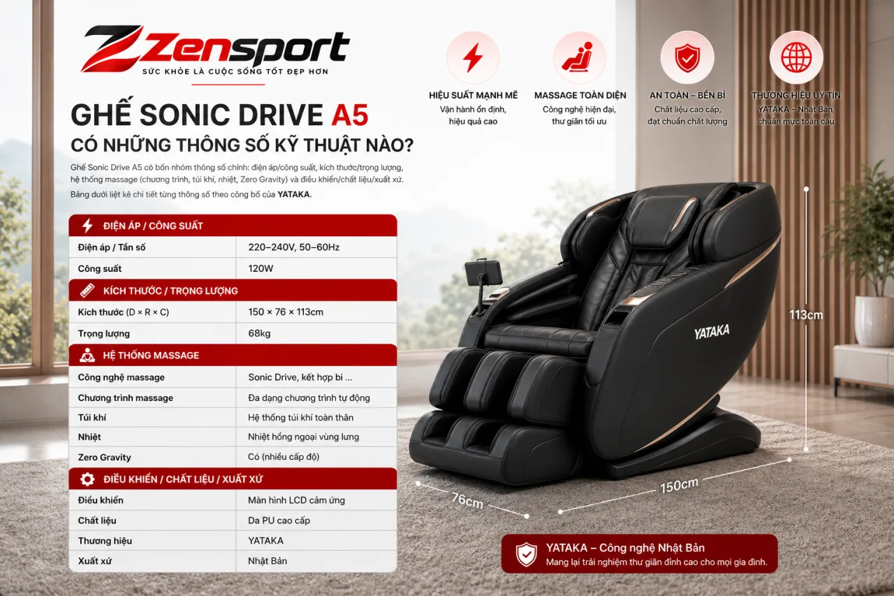 Ghế Sonic Drive A5 có những thông số kỹ thuật nào Ghế Sonic Drive A5 có những thông số kỹ thuật nào