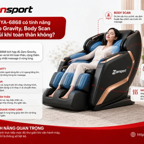 Ghế YA-6868 có tính năng Zero Gravity, Body Scan và túi khí toàn thân