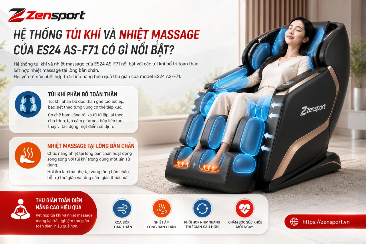 Hệ thống túi khí và nhiệt massage của ES24 AS-F71 có gì nổi bật Hệ thống túi khí và nhiệt massage của ES24 AS-F71 có gì nổi bật