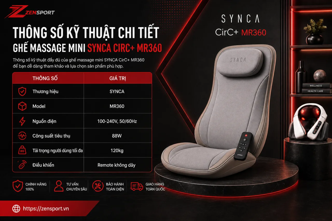 Thông số kỹ thuật chi tiết của ghế massage mini SYNCA CirC+ MR360 Thông số kỹ thuật chi tiết của ghế massage mini SYNCA CirC+ MR360