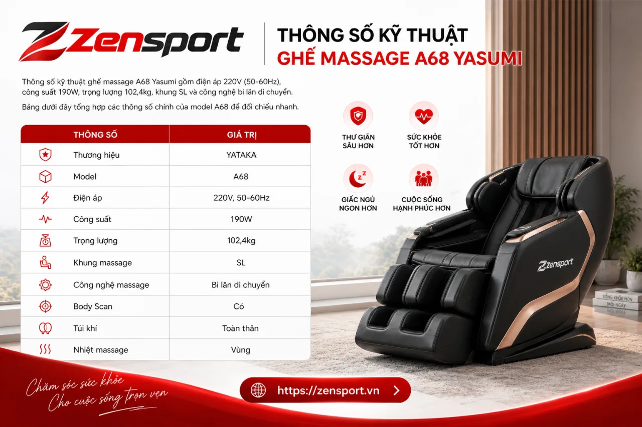 Thông số kỹ thuật của ghế massage A68 Yasumi gồm những gì Thông số kỹ thuật của ghế massage A68 Yasumi gồm những gì