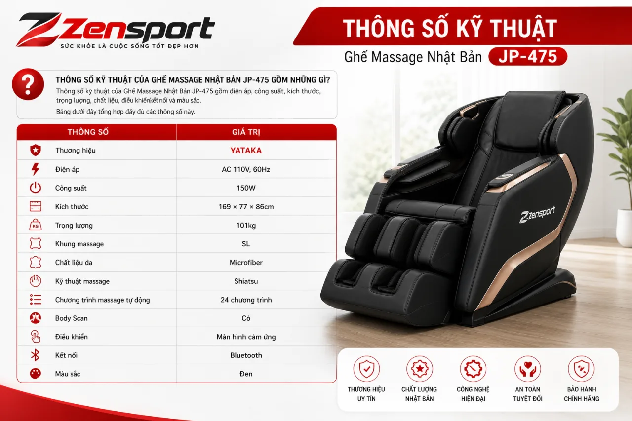 Thông số kỹ thuật của Ghế Massage Nhật Bản JP-475 gồm những gì Thông số kỹ thuật của Ghế Massage Nhật Bản JP-475 gồm những gì