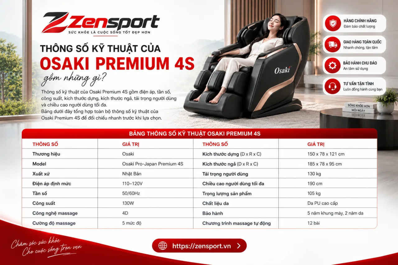 Thông số kỹ thuật của Osaki Premium 4S gồm những gì Thông số kỹ thuật của Osaki Premium 4S gồm những gì
