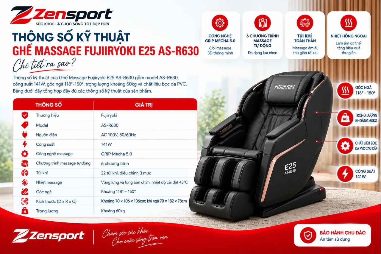 Thông Số Kỹ Thuật Ghế Massage Fujiiryoki E25 AS-R630 Chi Tiết Ra Sao?