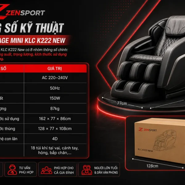 Thông số kỹ thuật Ghế massage mini KLC K222 New gồm những gì