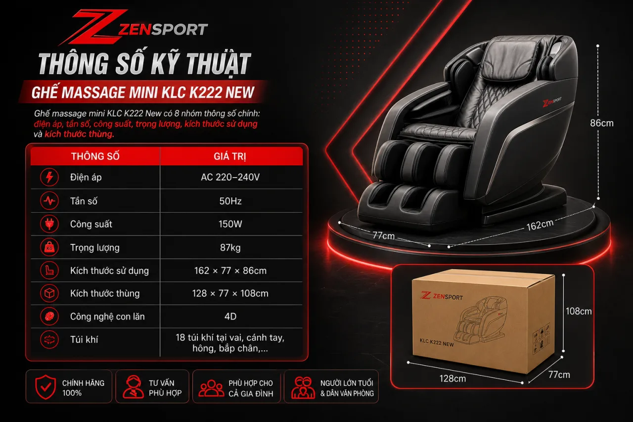 Thông số kỹ thuật Ghế massage mini KLC K222 New gồm những gì Thông số kỹ thuật Ghế massage mini KLC K222 New gồm những gì