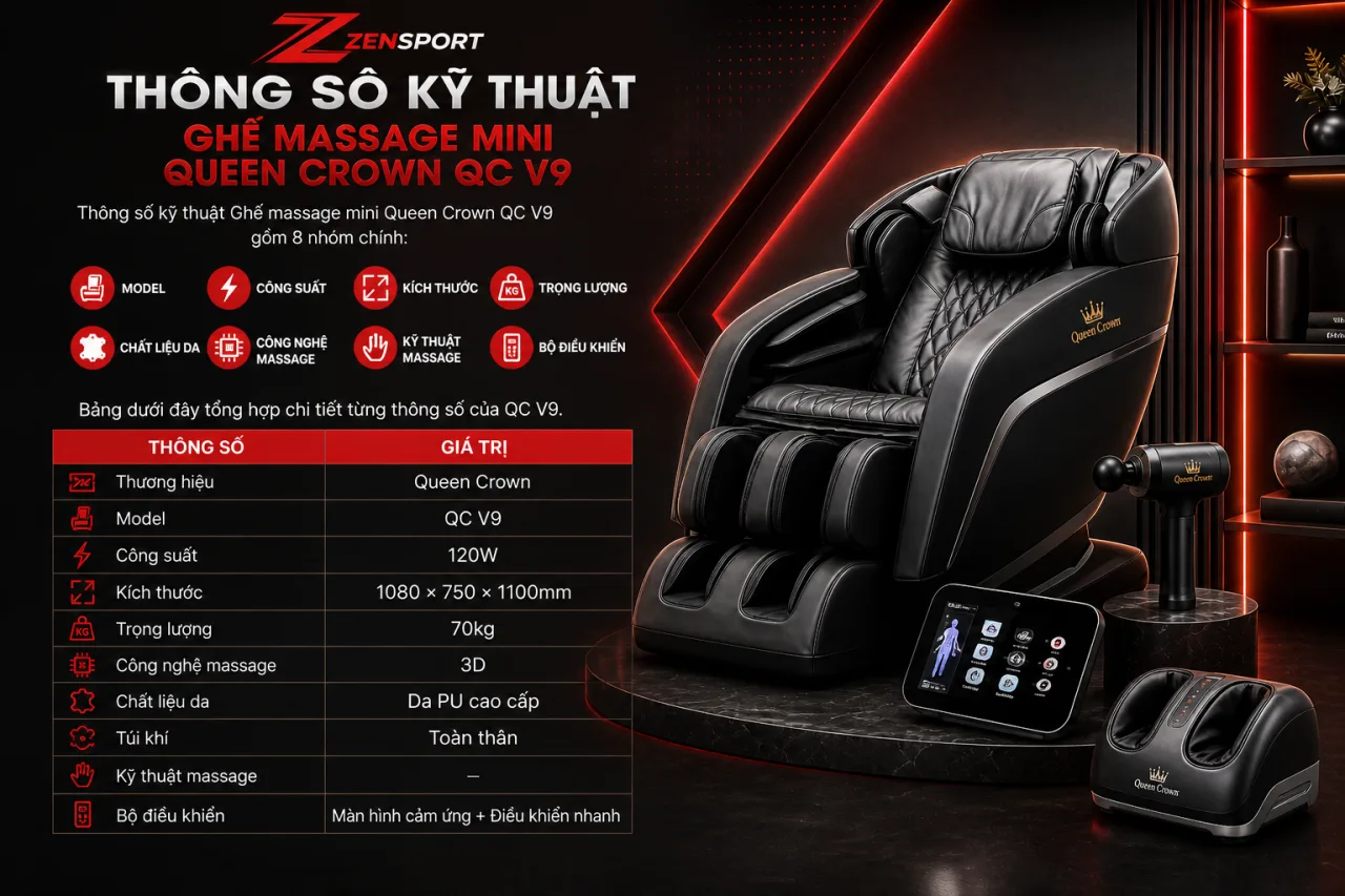 Thông số kỹ thuật Ghế massage mini Queen Crown QC V9 gồm những gì Thông số kỹ thuật Ghế massage mini Queen Crown QC V9 gồm những gì