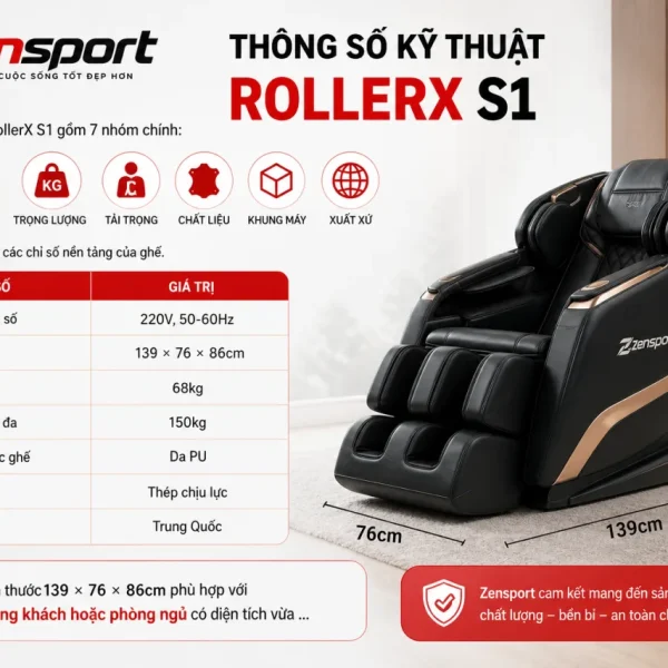 Thông số kỹ thuật Ghế massage RollerX S1 gồm những gì