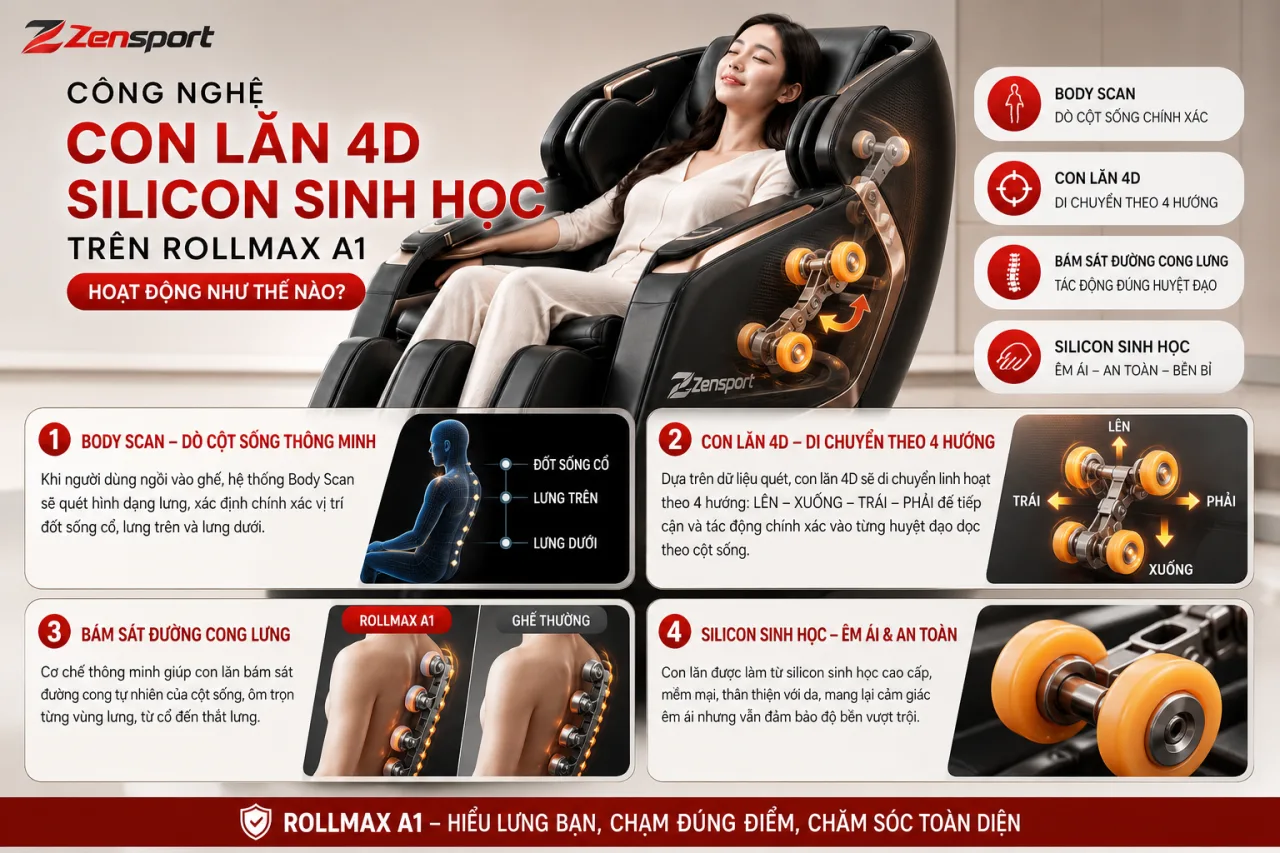 Công nghệ con lăn 4D silicon sinh học trên Rollmax A1 hoạt động Công nghệ con lăn 4D silicon sinh học trên Rollmax A1 hoạt động