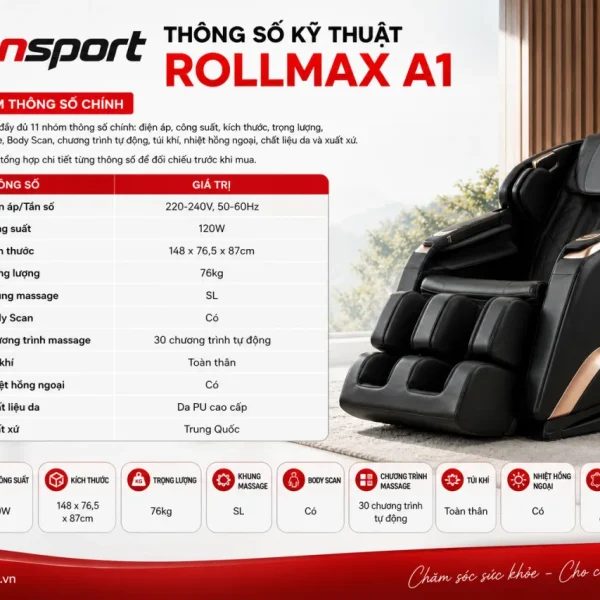 Thông số kỹ thuật Ghế massage Rollmax A1 gồm những gì