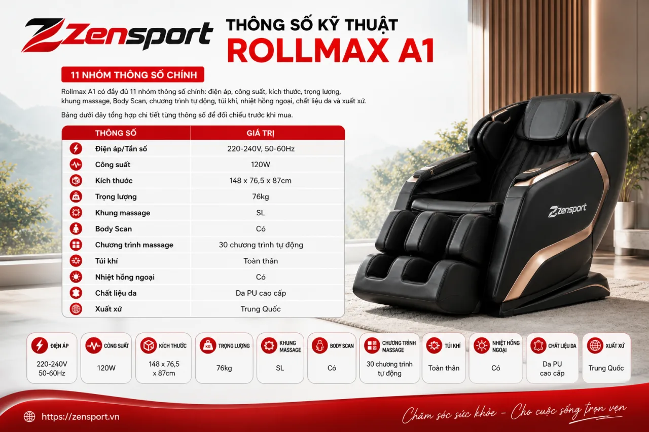 Thông số kỹ thuật Ghế massage Rollmax A1 gồm những gì Thông số kỹ thuật Ghế massage Rollmax A1 gồm những gì