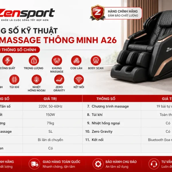 Thông số kỹ thuật Ghế massage thông minh A26 gồm những gì